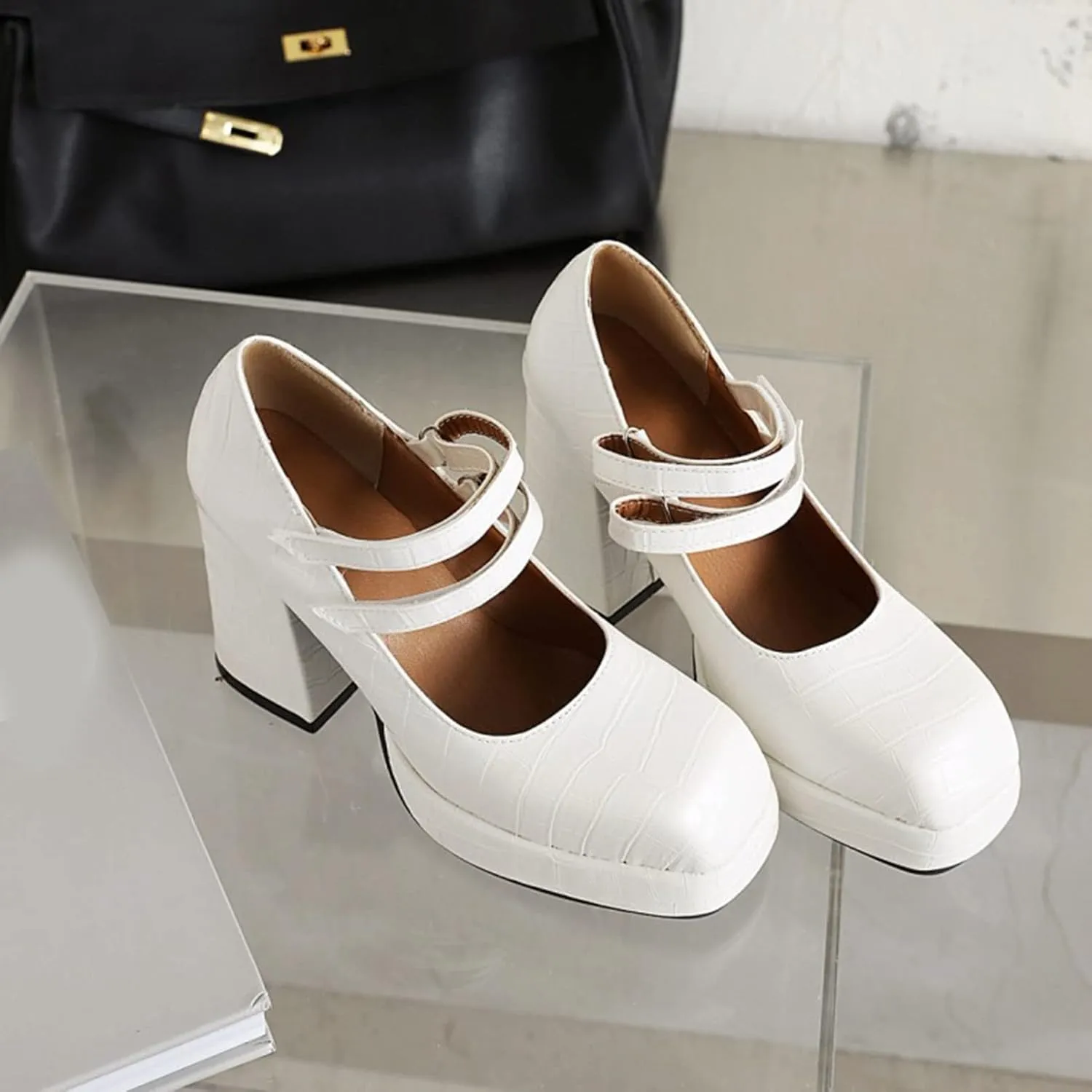 Women's Platform Chunky High Heels Square Toe Faux Leather Block Heel Mary Janes Dress Pumps Shoes