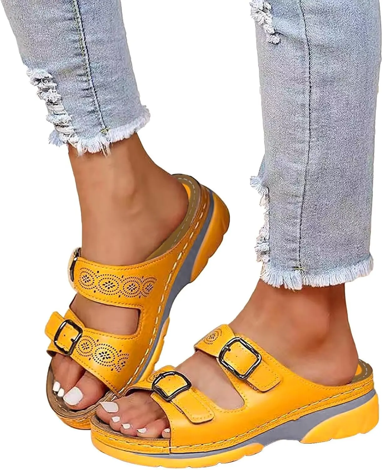 Women's Sandals Summer Adjustable Leather Sandals Orthopedic Wedge Sandals Walking Beach Slippers with Arch Support2