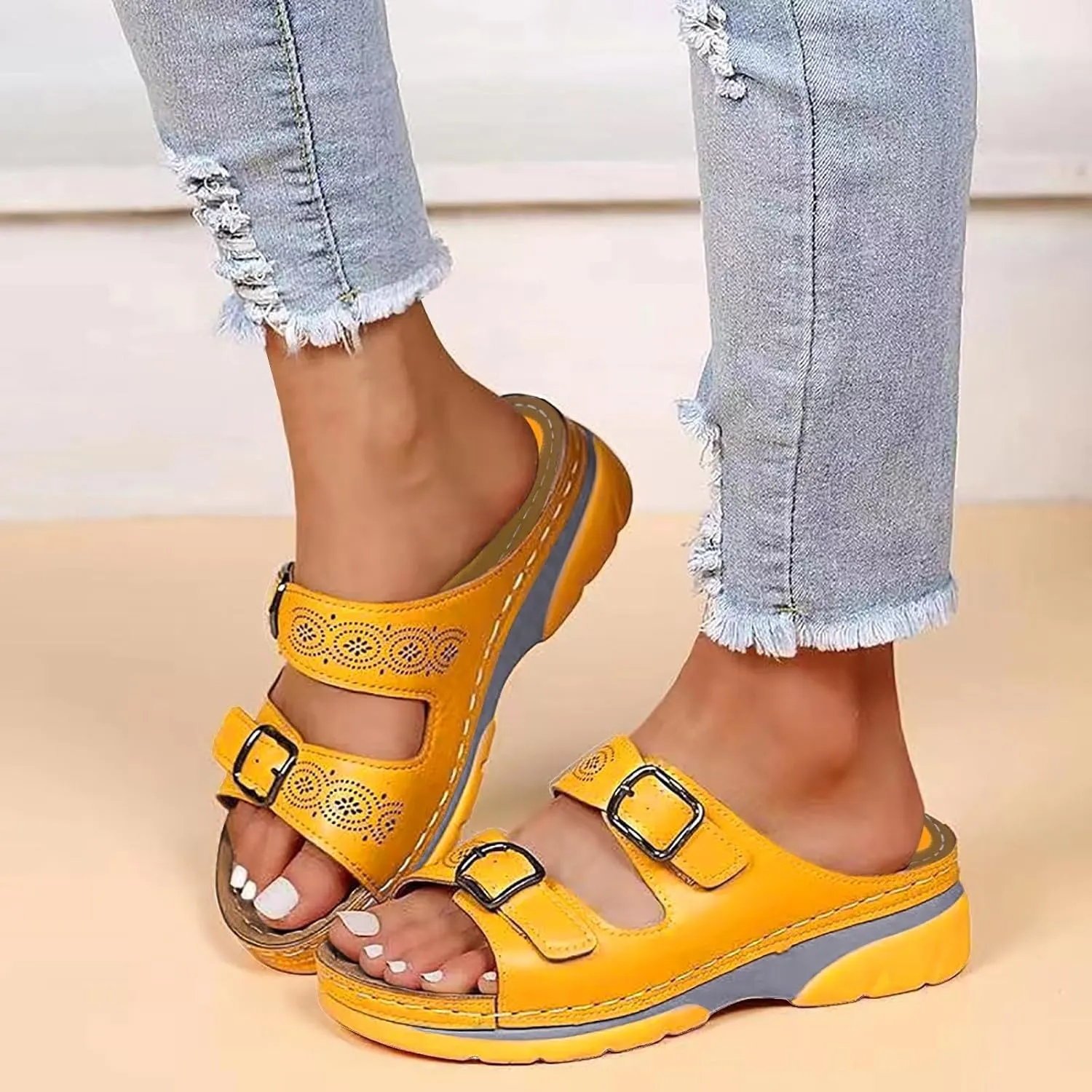 Women's Sandals Summer Adjustable Leather Sandals Orthopedic Wedge Sandals Walking Beach Slippers with Arch Support2