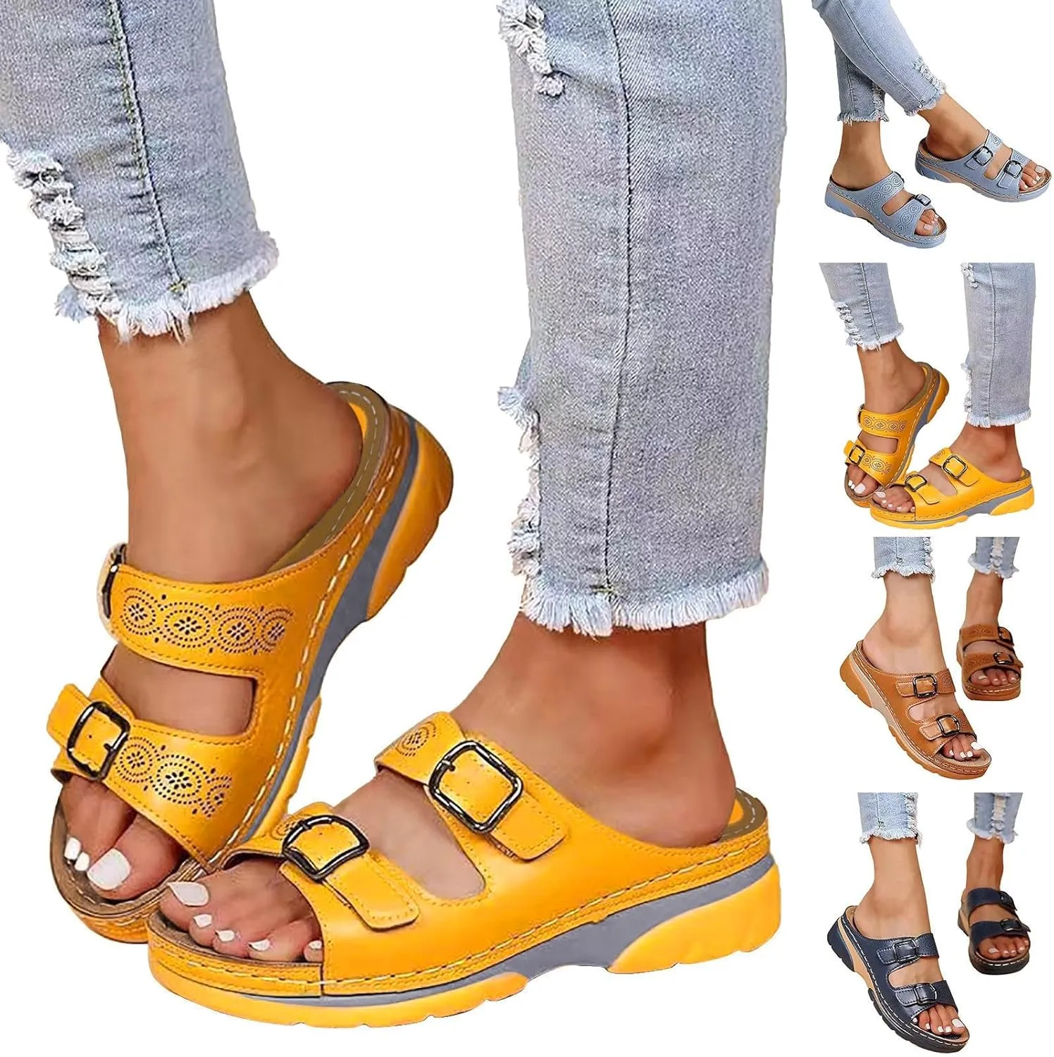 Women's Sandals Summer Adjustable Leather Sandals Orthopedic Wedge Sandals Walking Beach Slippers with Arch Support2