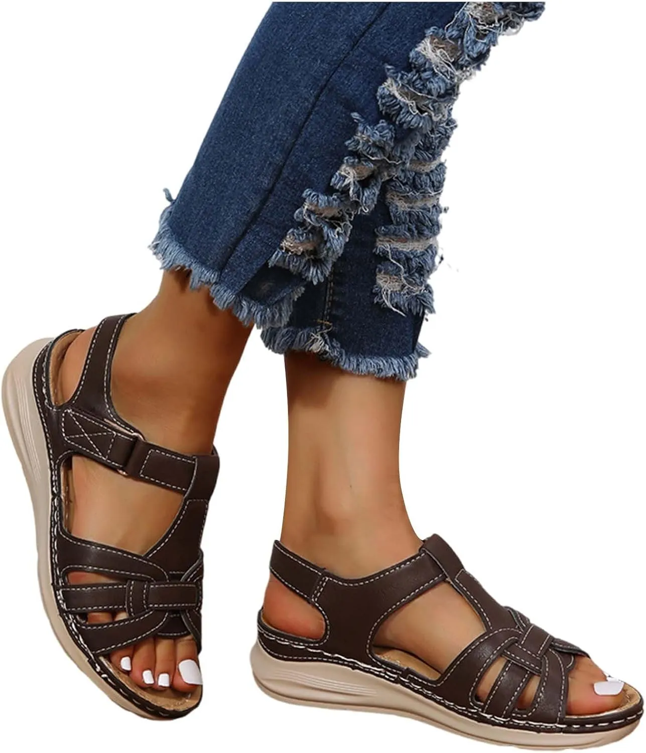 Women's Slide Sandals Adjustable Ankel Strap Platform Wedge Sandals Arch Support Orthopedic Walking Sandal Shoes
