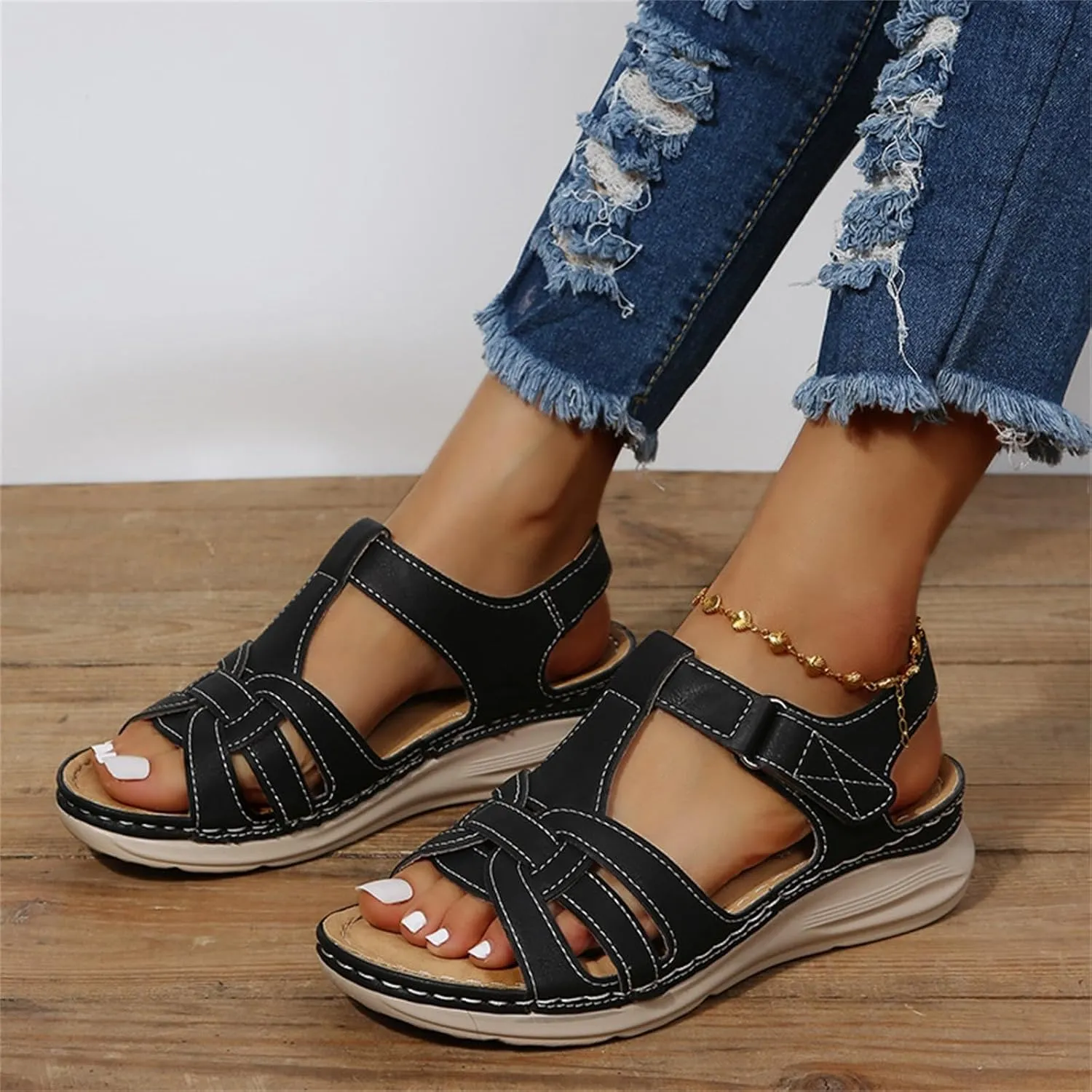 Women's Slide Sandals Adjustable Ankel Strap Platform Wedge Sandals Arch Support Orthopedic Walking Sandal Shoes