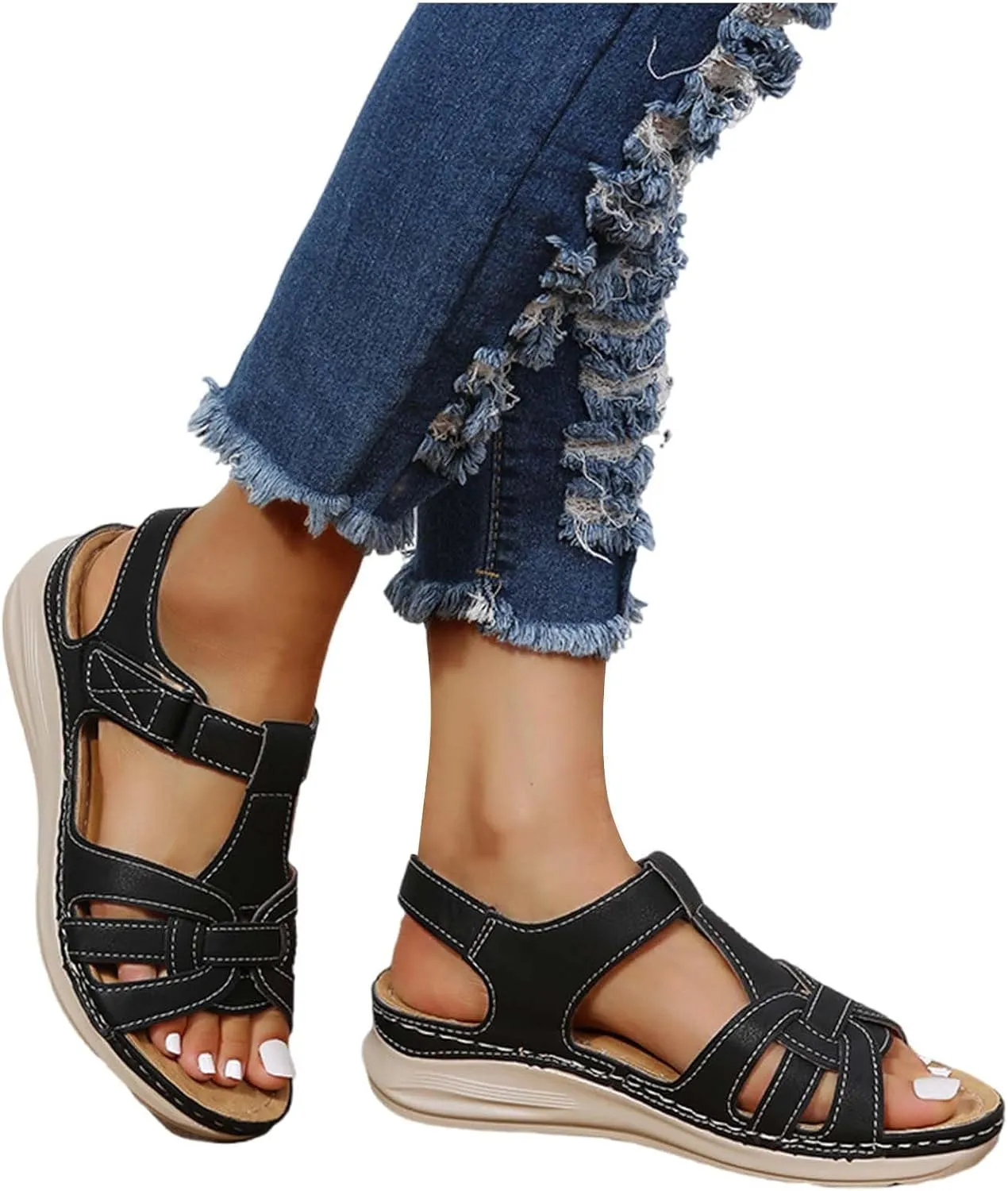 Women's Slide Sandals Adjustable Ankel Strap Platform Wedge Sandals Arch Support Orthopedic Walking Sandal Shoes