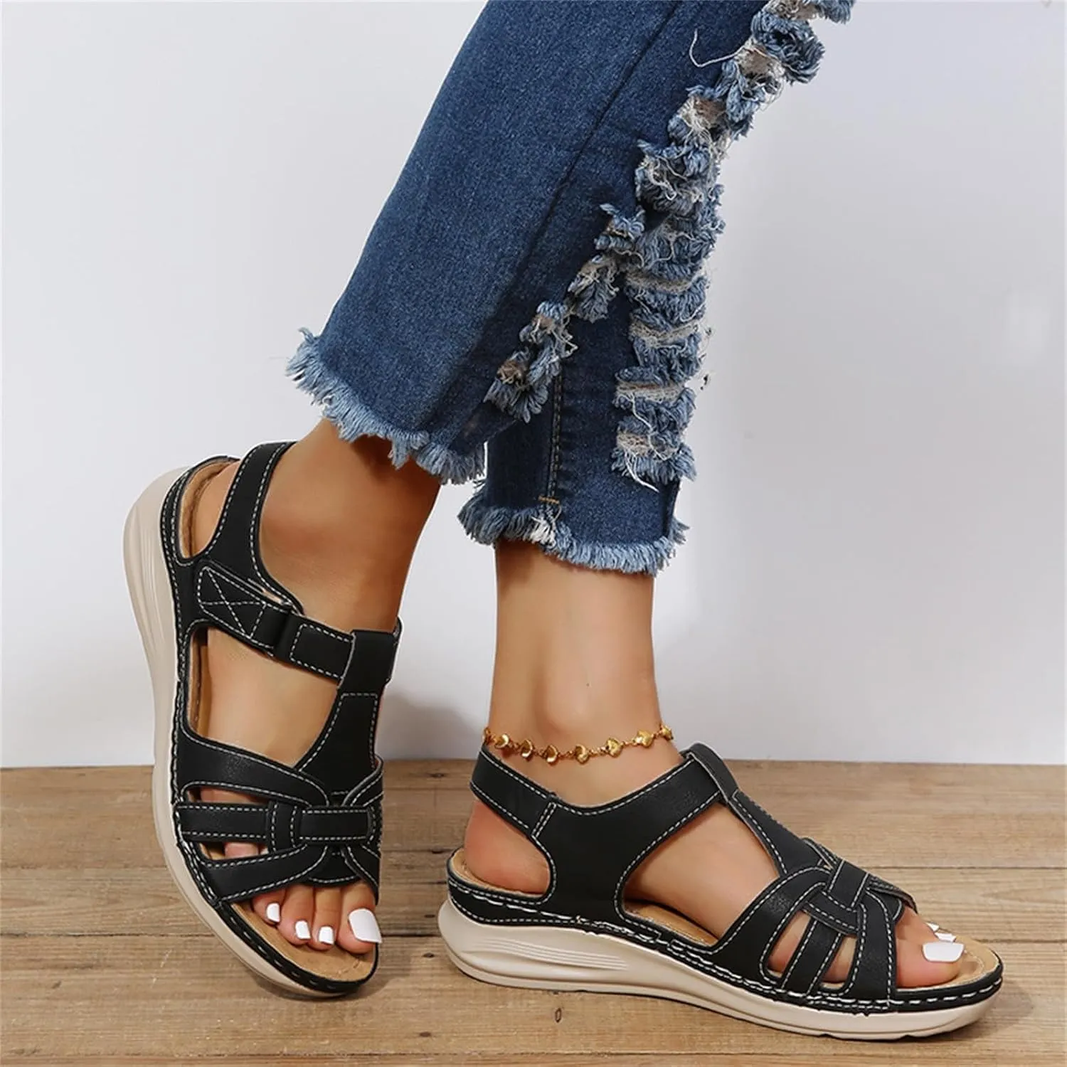 Women's Slide Sandals Adjustable Ankel Strap Platform Wedge Sandals Arch Support Orthopedic Walking Sandal Shoes