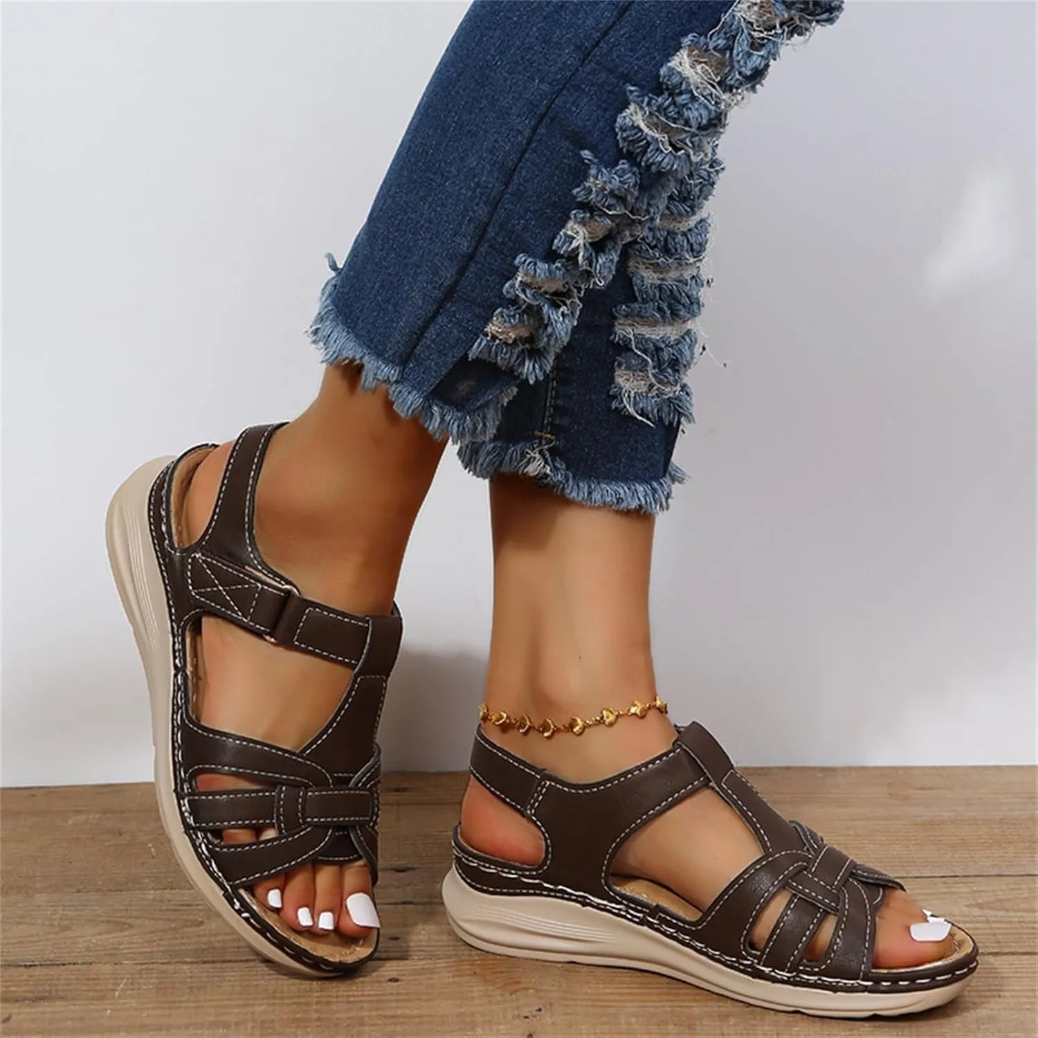 Women's Slide Sandals Adjustable Ankel Strap Platform Wedge Sandals Arch Support Orthopedic Walking Sandal Shoes