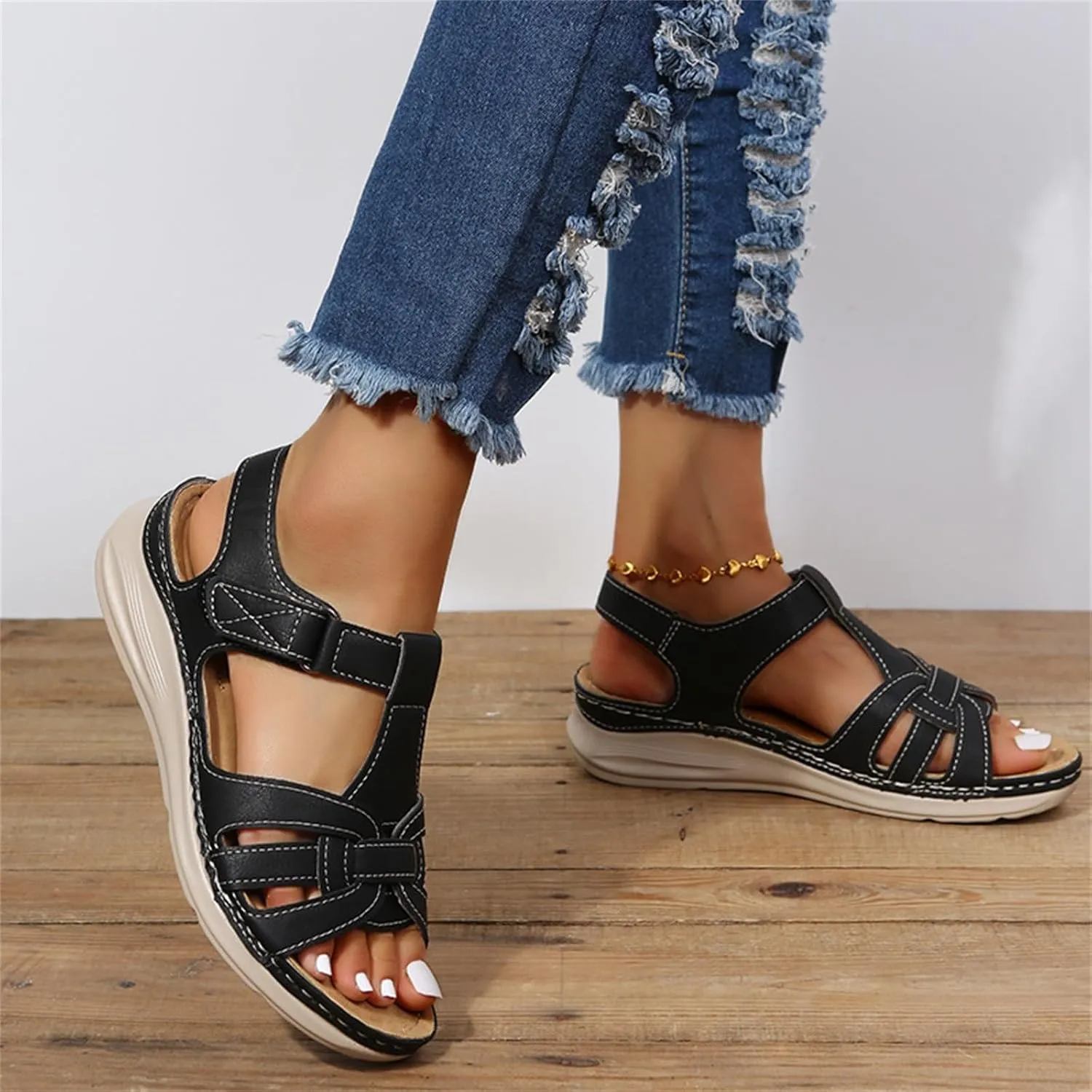 Women's Slide Sandals Adjustable Ankel Strap Platform Wedge Sandals Arch Support Orthopedic Walking Sandal Shoes