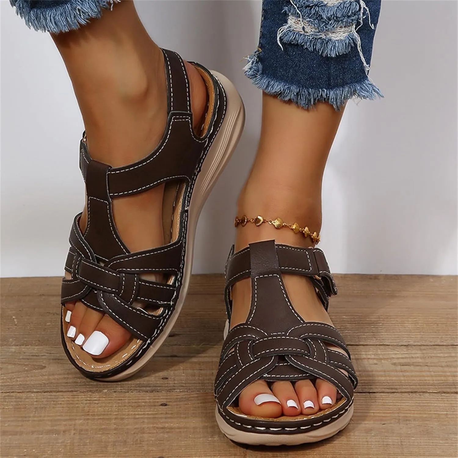 Women's Slide Sandals Adjustable Ankel Strap Platform Wedge Sandals Arch Support Orthopedic Walking Sandal Shoes