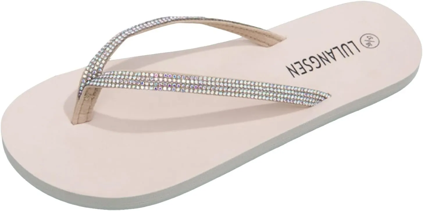 Women's Thong Glossy Rhinestone Flat Slippers for Casual Outer Wear Beach Flip Flops Lightweight Sandals