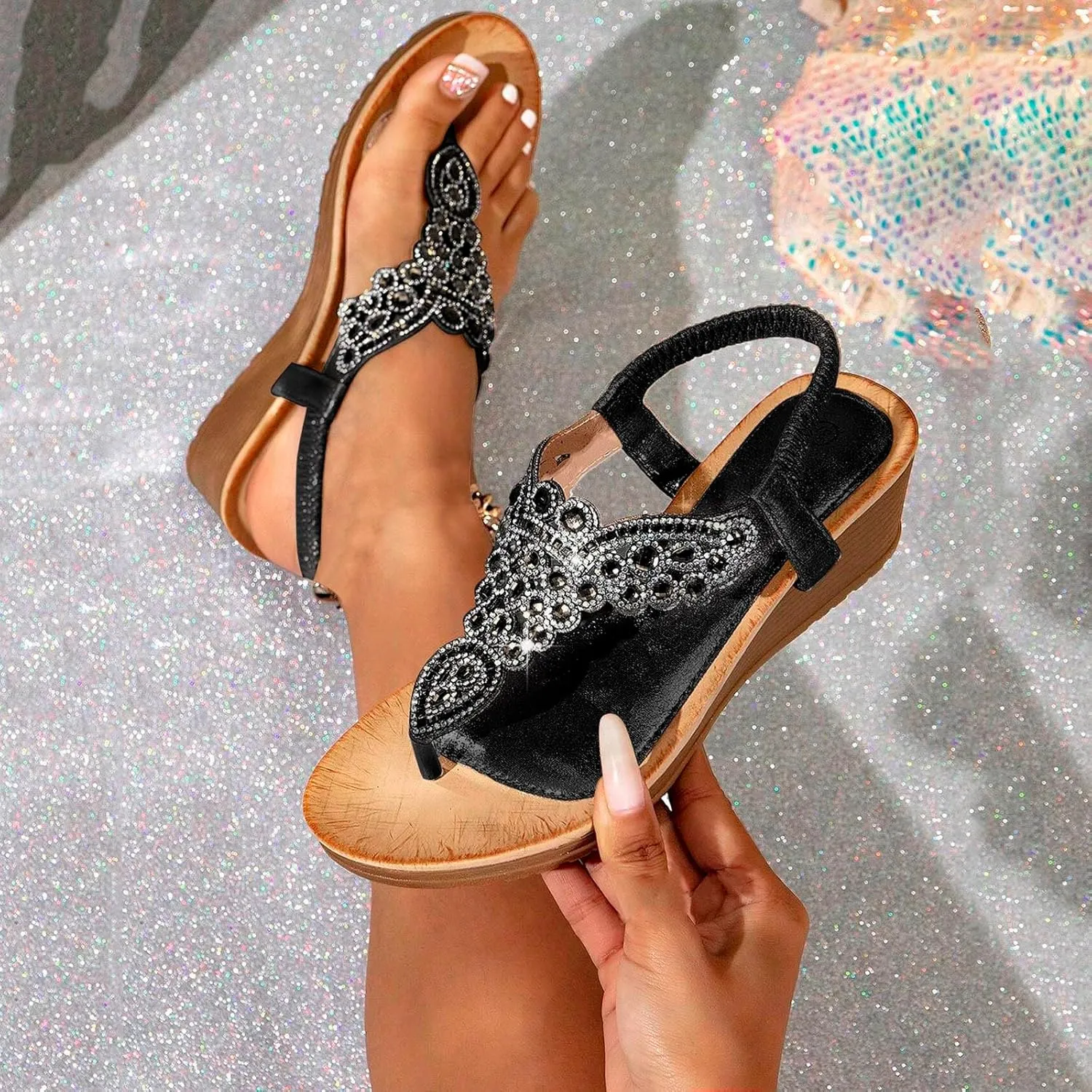 Womens Thong Sandals Arch Support Orthotic Adjustable Flip Flop Beach Glitter Bohemian Ankle Strap Wedge Shoes