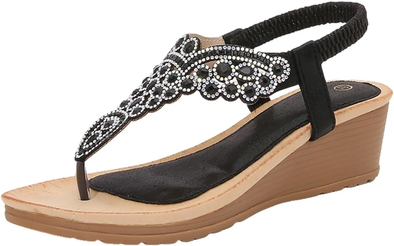 Womens Thong Sandals Arch Support Orthotic Adjustable Flip Flop Beach Glitter Bohemian Ankle Strap Wedge Shoes