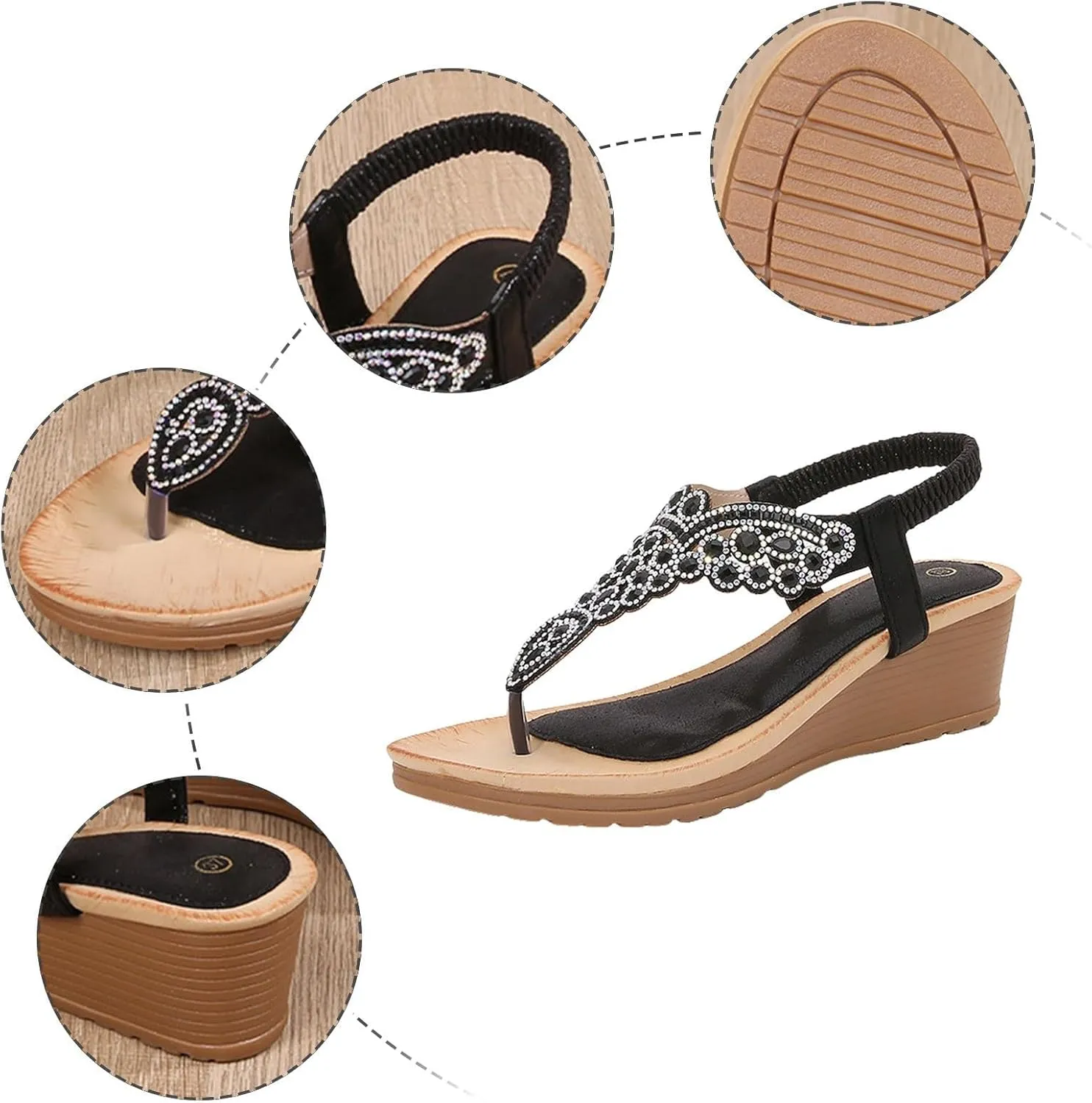 Womens Thong Sandals Arch Support Orthotic Adjustable Flip Flop Beach Glitter Bohemian Ankle Strap Wedge Shoes