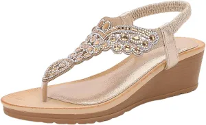 Womens Thong Sandals Arch Support Orthotic Adjustable Flip Flop Beach Glitter Bohemian Ankle Strap Wedge Shoes