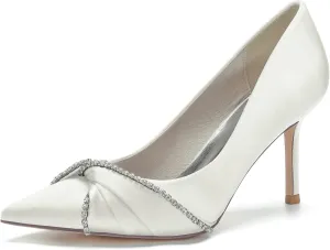 Women's Wedding Shoes Closed Toe Stiletto High Heels Rhinestones Satin Wedding Party Bridal Shoes