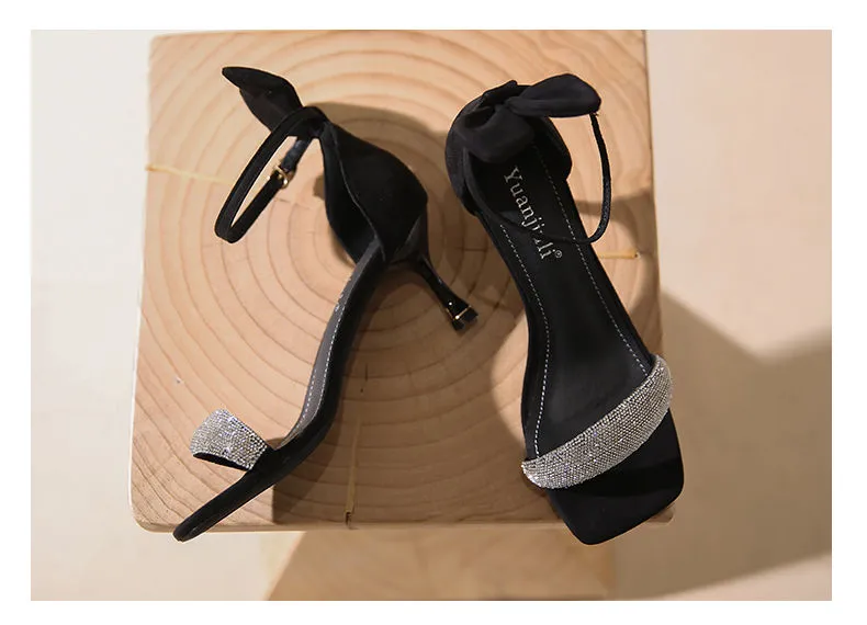 xiangtuibao  Women's Fashion Sandals Summer New Stiletto High Heels Rhinestone Open Toe Bow Rabbit Ears One Word Buckle Sandals Women