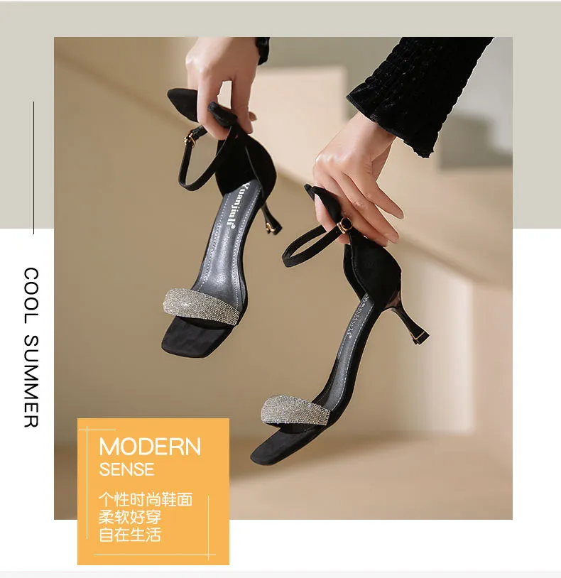 xiangtuibao  Women's Fashion Sandals Summer New Stiletto High Heels Rhinestone Open Toe Bow Rabbit Ears One Word Buckle Sandals Women