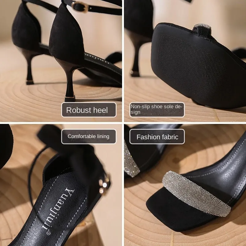 xiangtuibao  Women's Fashion Sandals Summer New Stiletto High Heels Rhinestone Open Toe Bow Rabbit Ears One Word Buckle Sandals Women