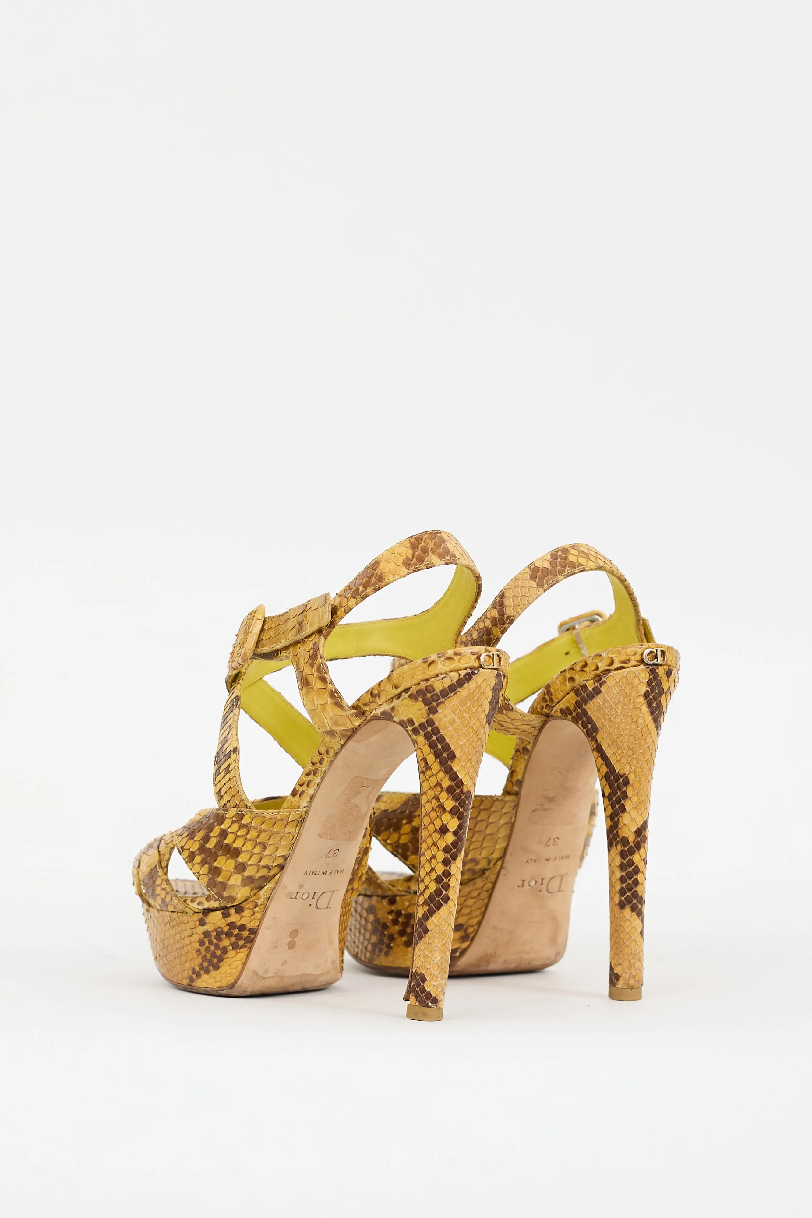 Yellow Textured Leather Strappy Platform Heel