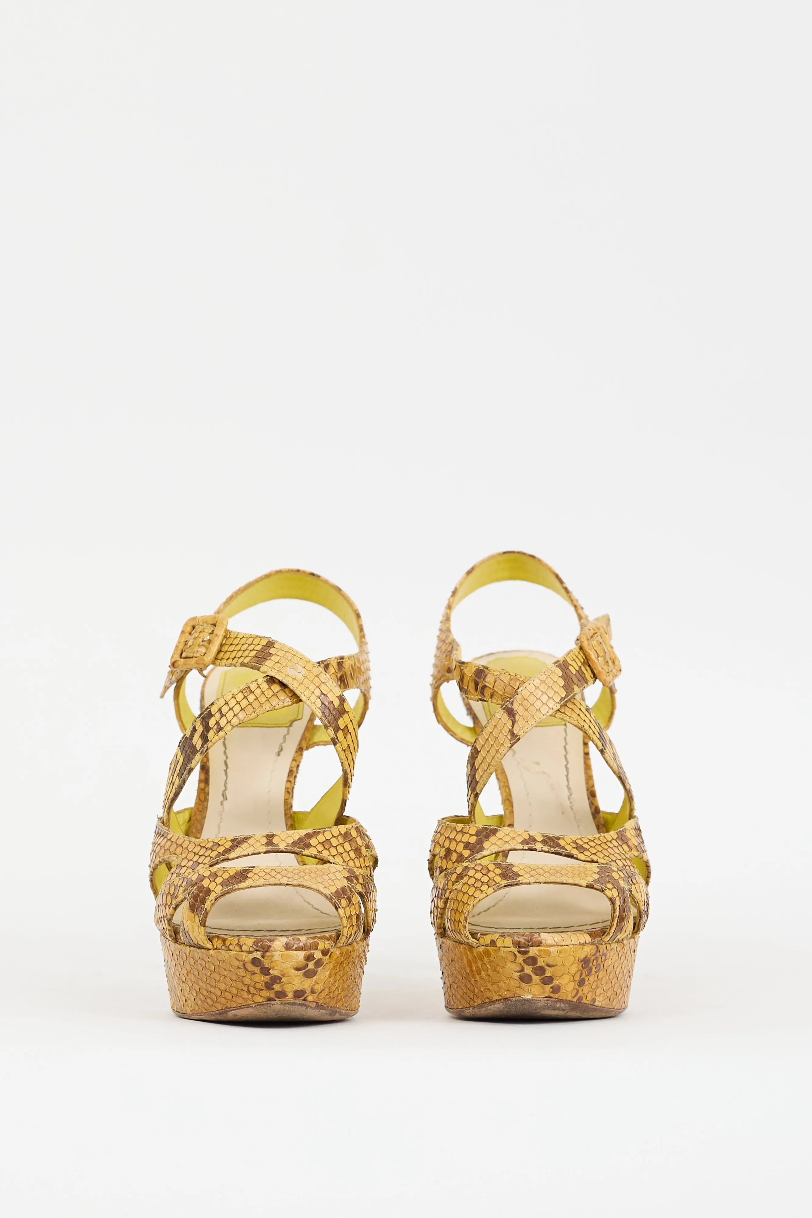 Yellow Textured Leather Strappy Platform Heel