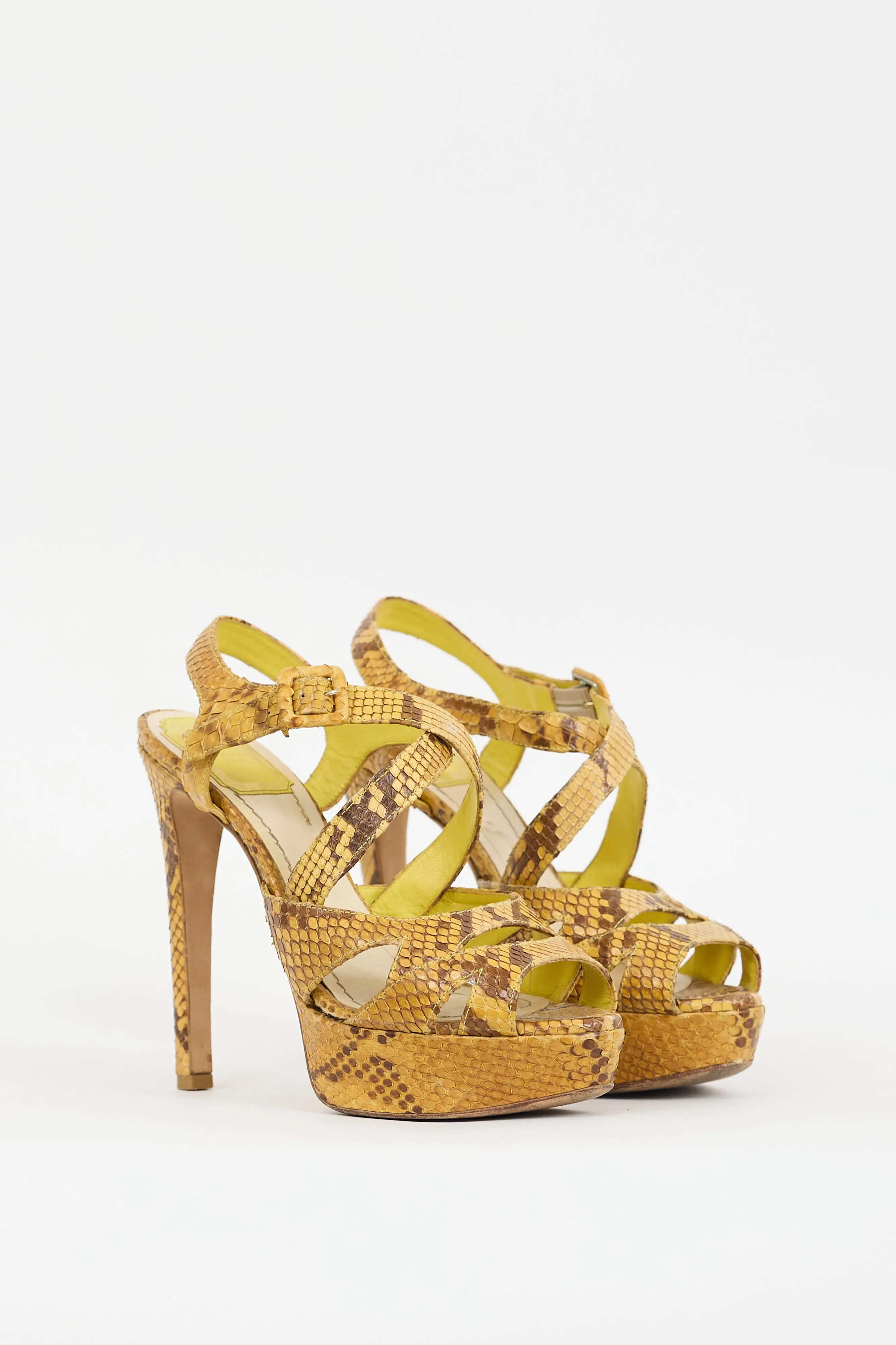 Yellow Textured Leather Strappy Platform Heel