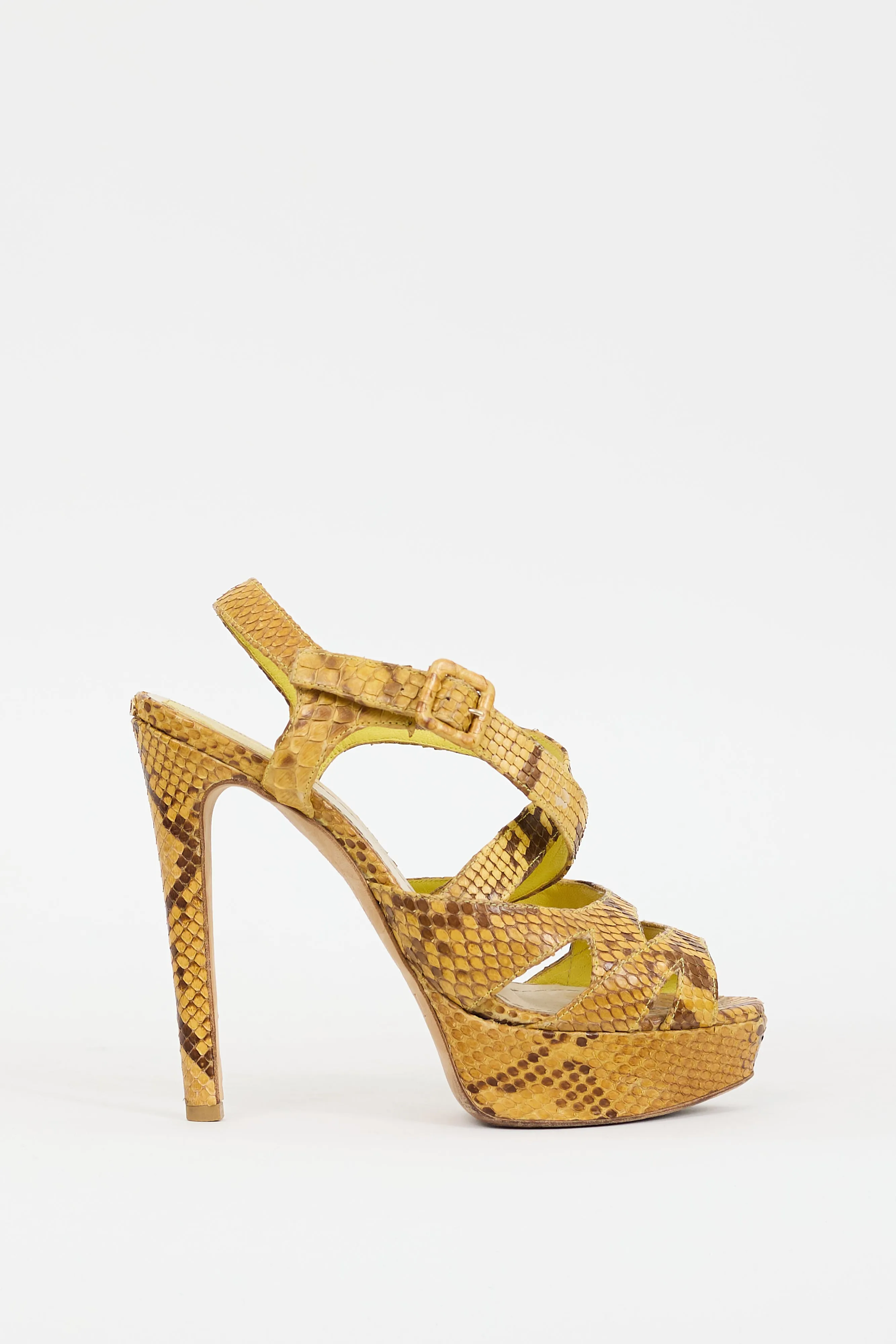 Yellow Textured Leather Strappy Platform Heel